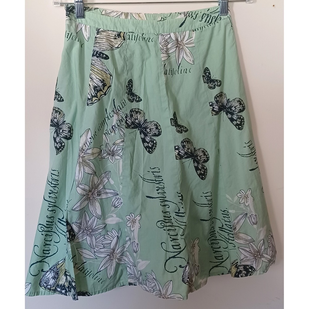 Loft A-Line Skirt Womens M Green Butterfly Floral Botanical Script Print